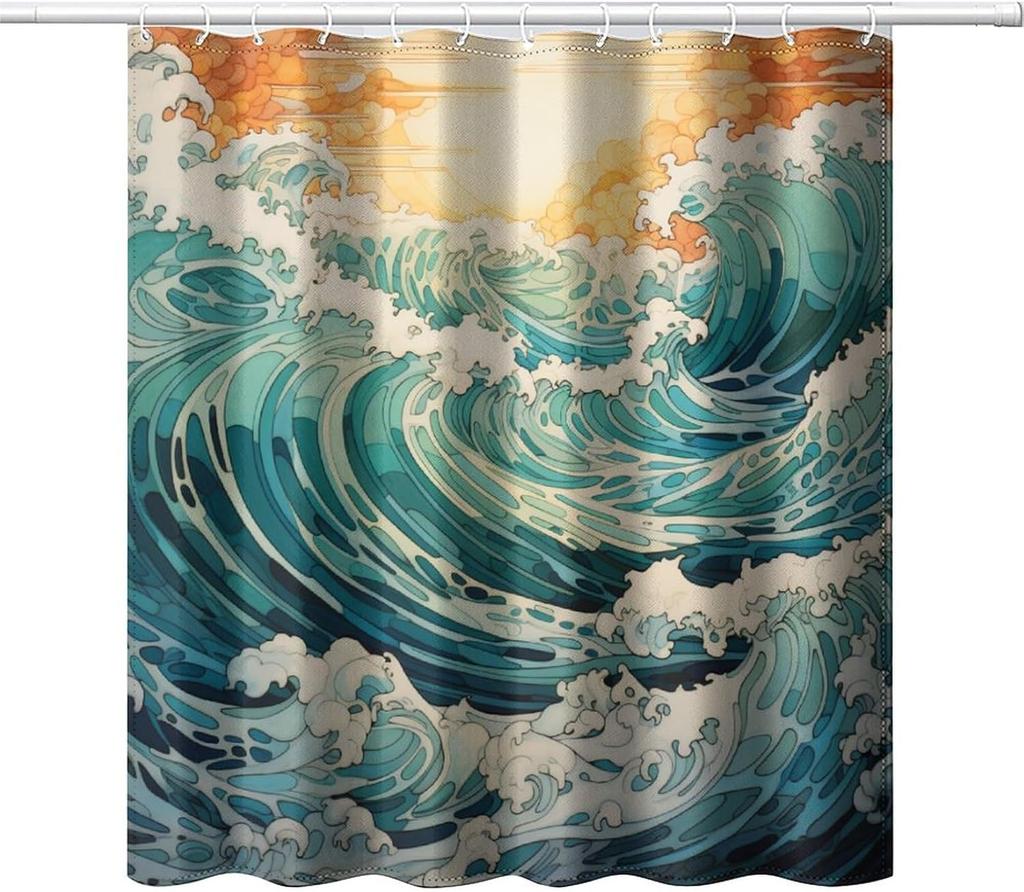 Japanese Wave Art Shower Curtain, Retro Monochrome Abstract Wave Decorative Bathroom Curtain, Asian Style Ocean Theme