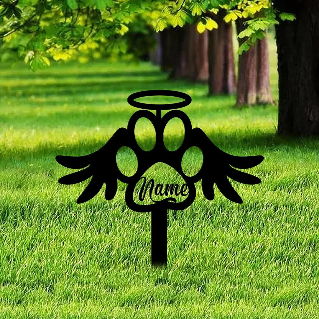 Metal Memorial Garden Stake for Dog Cat Grave Marker, Angel Wings Pet Remembrance Yard Decor, Outdoor Cemetery Cross