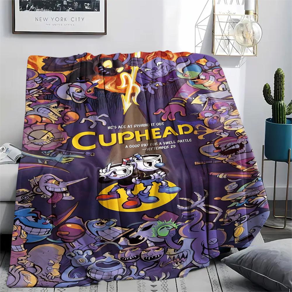 1Pc Cuphead Print Flannel Blanket, High Quality Comfortable for All Seasons, Home Decor, Warmth and Comfort, Perfect for Christmas Gifts