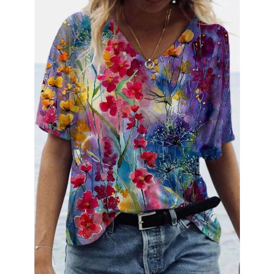 Damski T-shirt z krótkim rękawem i dekoltem V Luźny T-shirt Miejski Casual Nadruk 3D Damska Podstawa