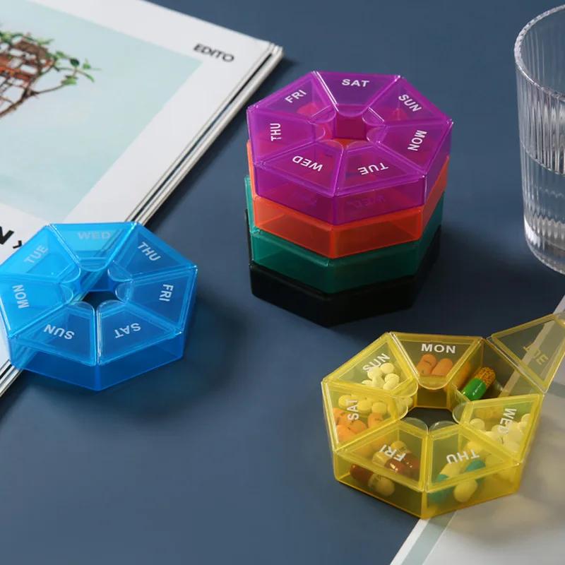 Tragbare wöchentliche Pillendose mit sieben Fächern, bunt, transparent, Pillen einnehmen, Gott-Organizer, sieben Tage Pillendose, Spender