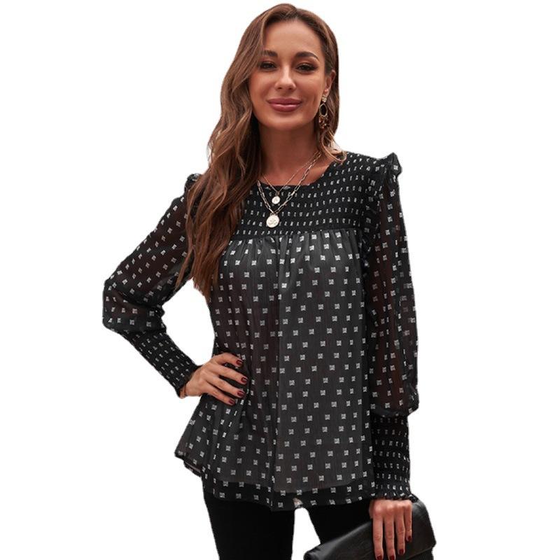 Autumn and Winter New Women's Ruffled Lantern Sleeve Polka Dot Chiffon Shirt Blouse Women