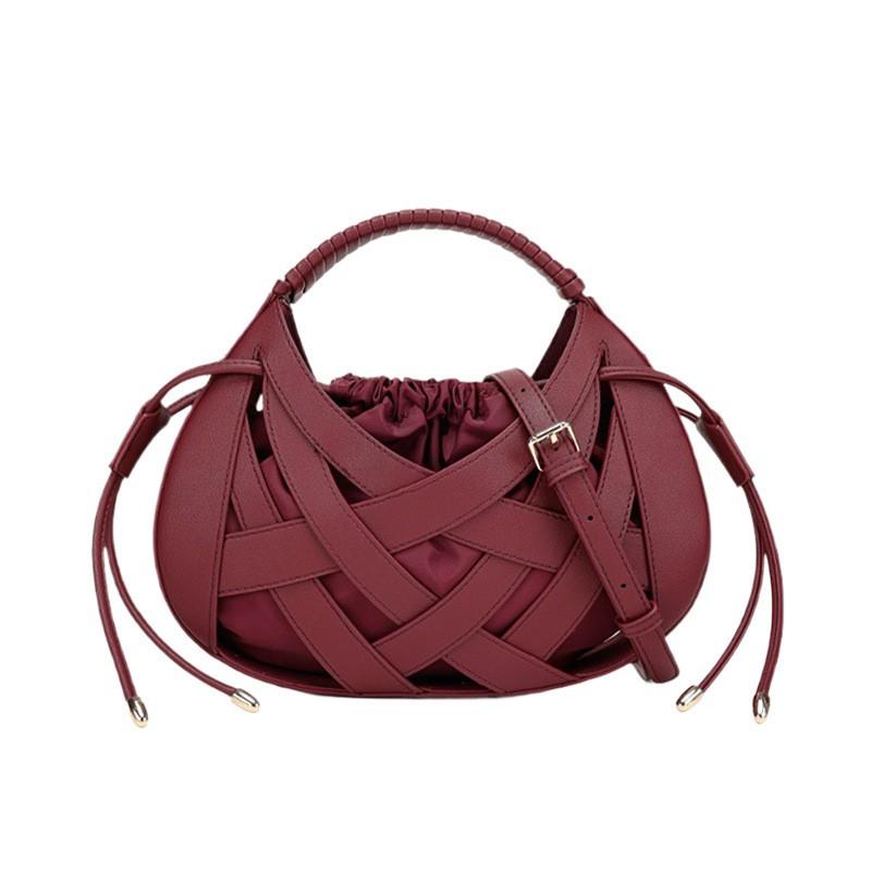 Woven Mini Tote Bag Women Structured Oval Crossbody With Drawstring PU Leather Retro Chic Everyday Shoulder