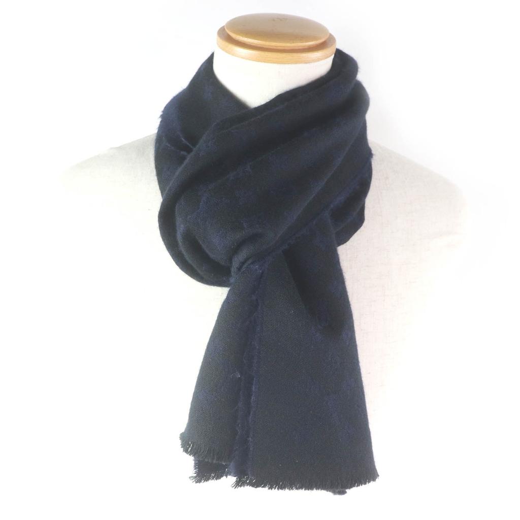 Great LOUIS VUITTON Scarf Monogram All-over Black Navy Cashmere Mens M71615 Used