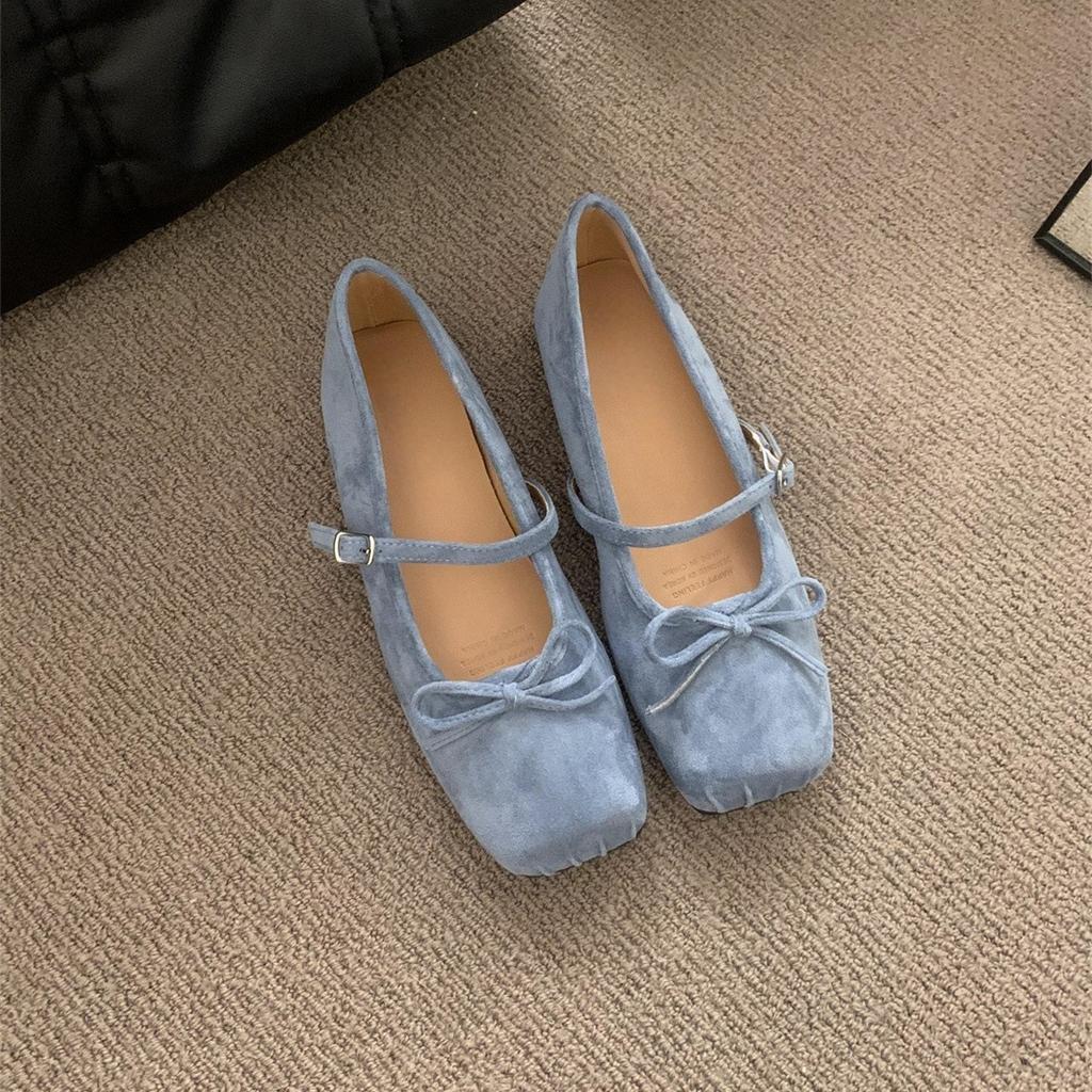 Suede Square Head Single Shoes Women's Spring and Autumn New Bow Commuter Flat Mary Jane Shoes