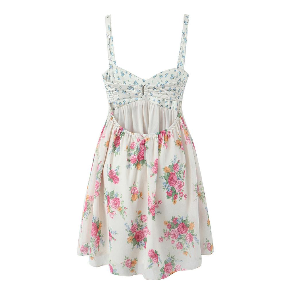 French pastoral splicing floral chest embroidery sexy backless suspender dress women's vacation wind sweet skirt