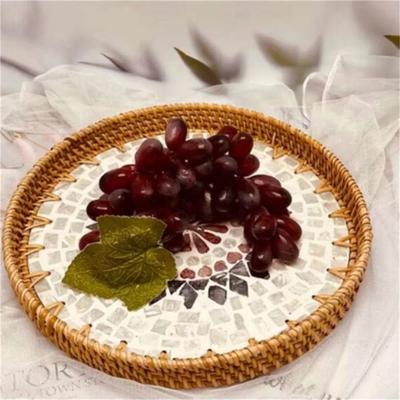 Rattan Tray Round Storage Basket Tray With Wooden Handle Bread Fruit Cake Food Plate Serving Tray for Home Kitchen