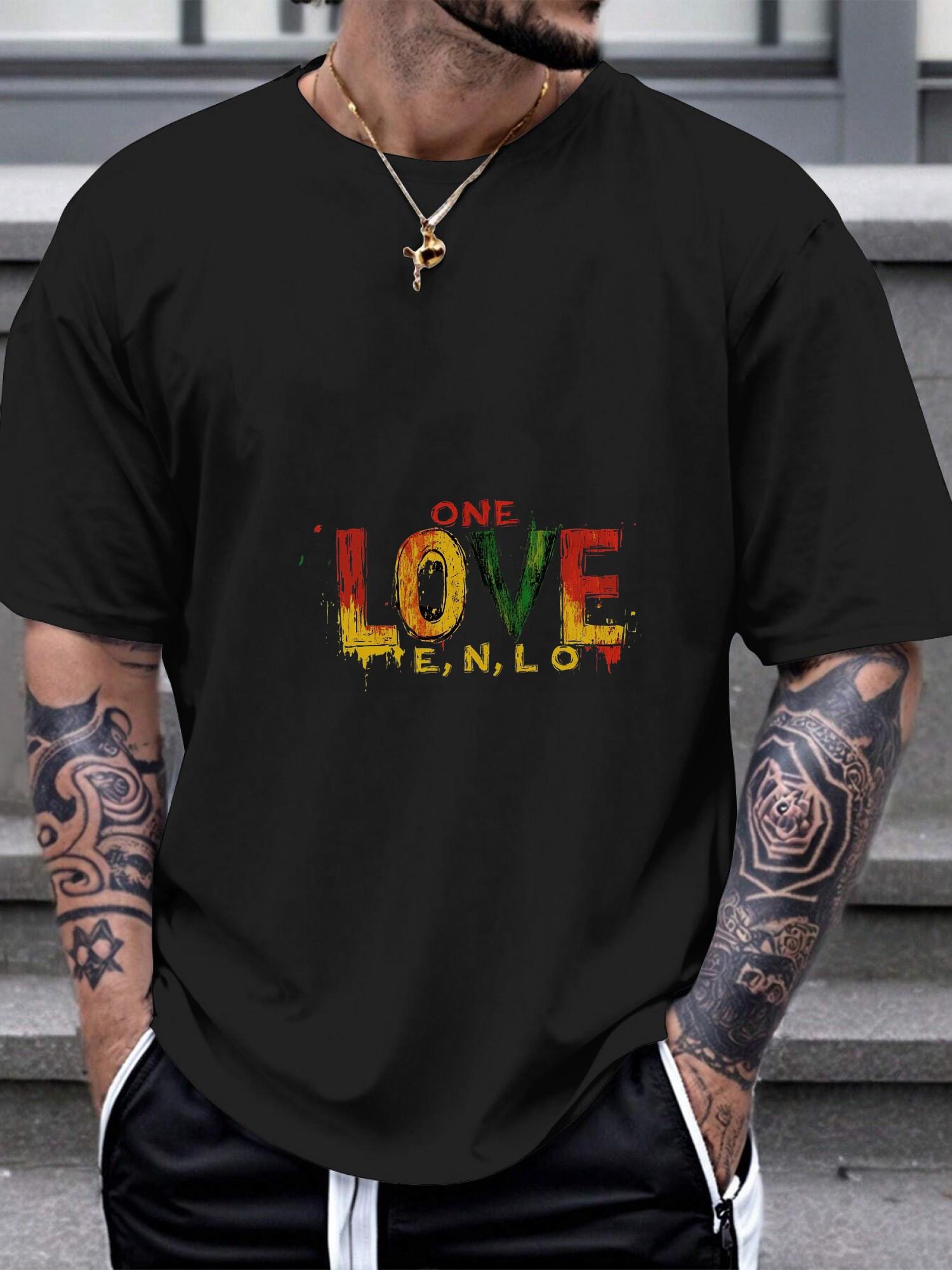 1pc ONE LOVE Casual T-shirt - Vibrant Hand-Painted Geometric Print S