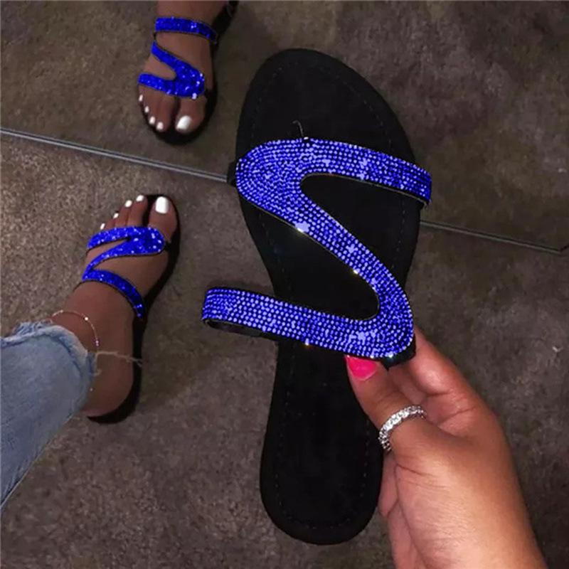Large size rhinestone sandals new Z-shaped summer flat bottom casual open-toed Roman women's slippers