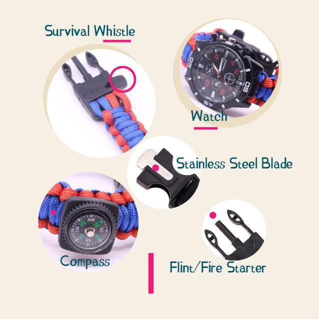 Outdoor-Überlebenswerkzeuge Paracord Pfeife Kompass Uhr