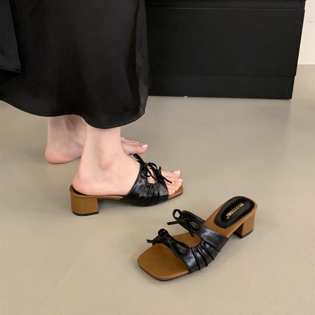 Bow French Slippers Women's 2025 New Summer Korean Version Square Head Versatile Thick Heel Outer Wear Cool Slippers