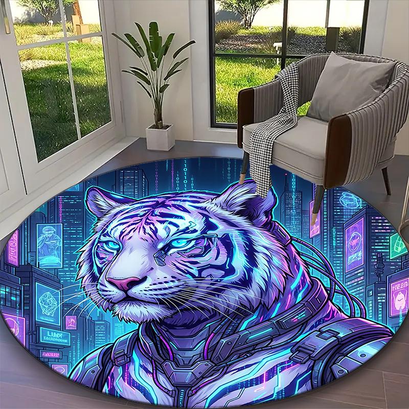 1pc White Tiger D Printed Chair Rug for Home Office Use, Living Room Kitchen Game Room Round Carpet