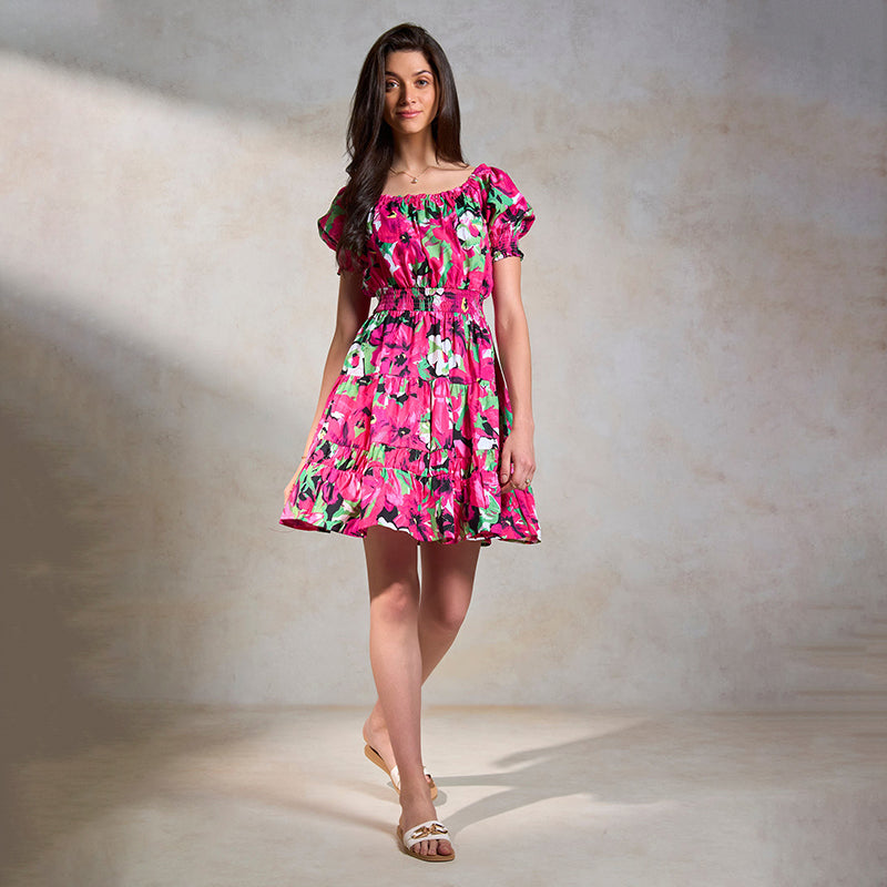 Virgio Women Knee Length Puff Sleeve Fit And Flare Fit Square Dress