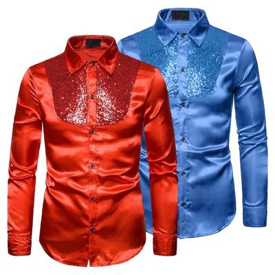 Men Sequin Dress Shirt Shiny Metallic Wedding Shirt Lapel Long Sleeve Button-Down Shirt Solid