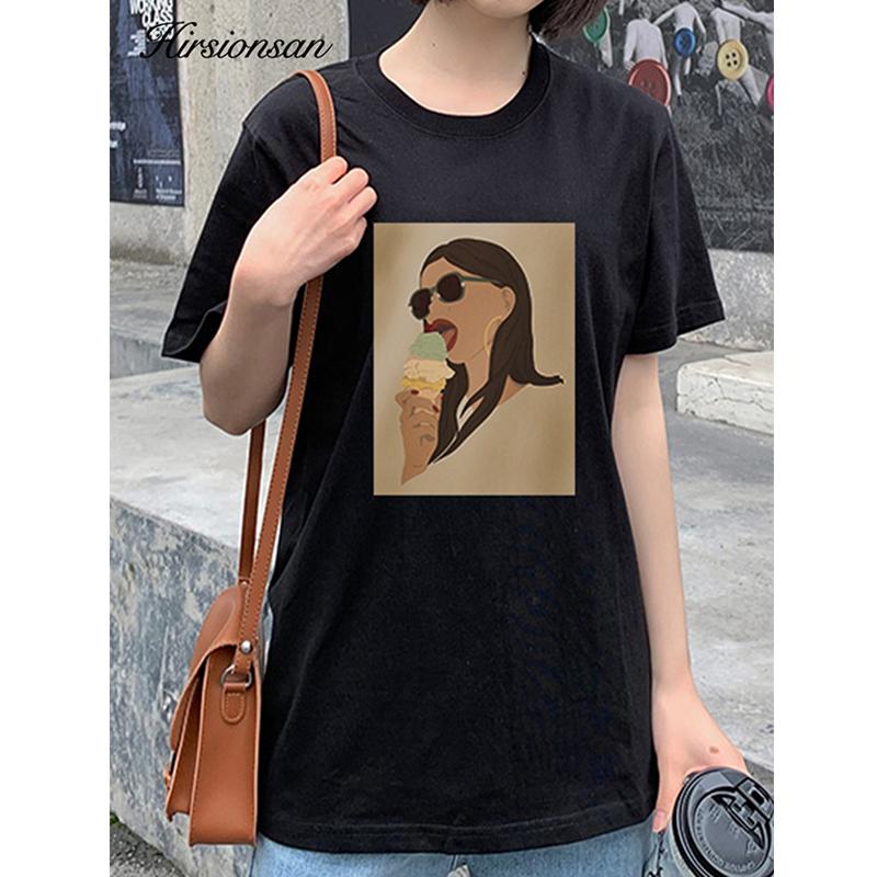 Hirsionsan Aesthetic Characters T Shirts for Women Summer Oversized 100% Cotton Basic Tees Female Trendy Loose Short Sleeve Tops