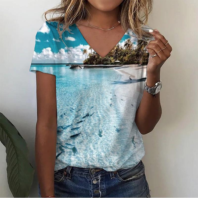 Vintage Damen T-Shirt mit Blumendruck Kurzarm V-Ausschnitt Oberteile Bequeme T-Shirts