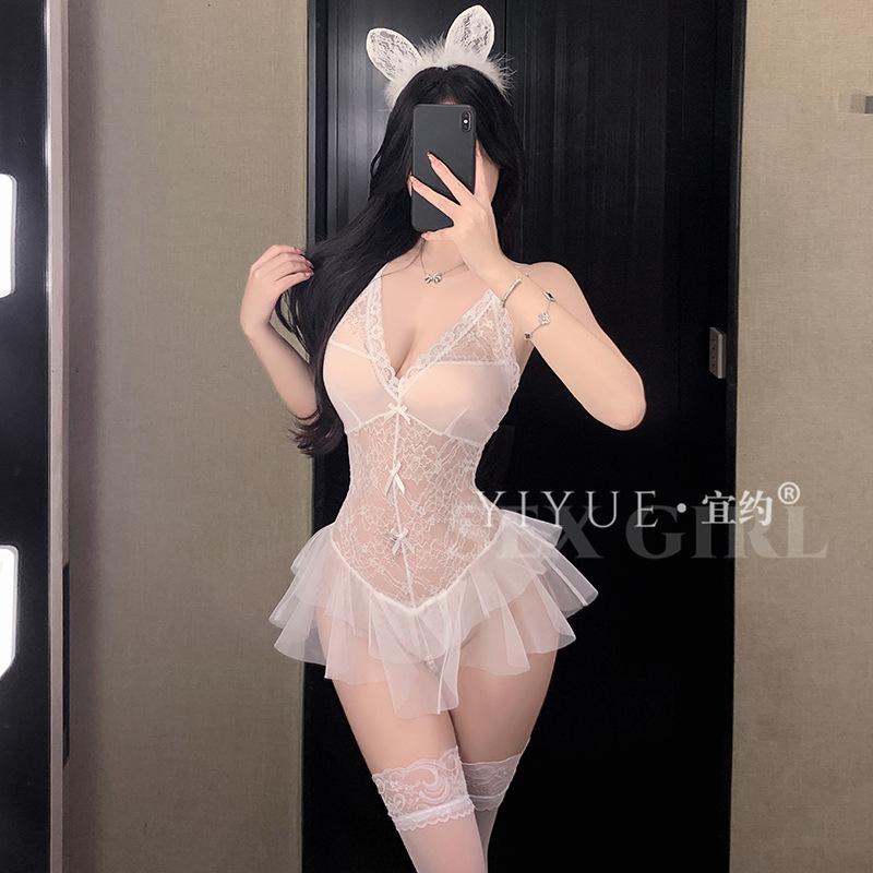 Original Erotic Underwear, Sexy halter lace Seductive one-piece dress, Women's beaded see-through uniform pajamas 1426