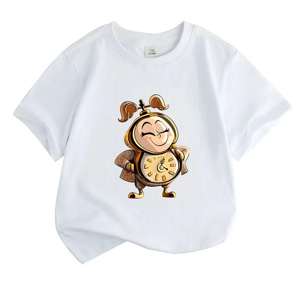Kids Boys Girls 100% Cotton Crew Neck Short Sleeve T-Shirt, Cute Cartoon Clock Girl Printed Casual Soft Tee for Daily Wear