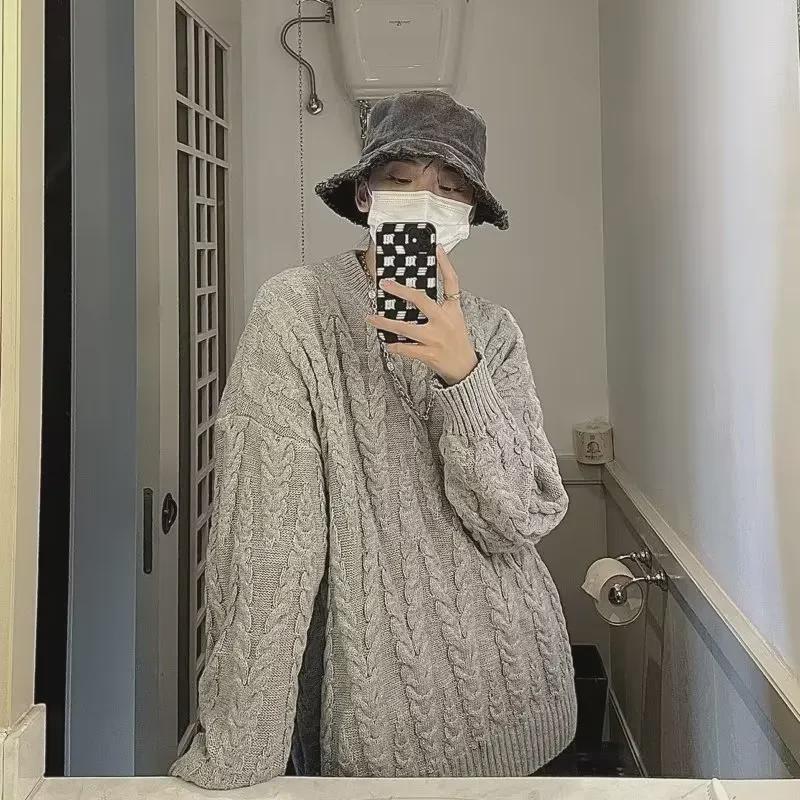 Men's Thick Knit Sweater - Casual Loose Fit, Round Neck, Solid Color, Trendy Korean & Hong Kong Style.