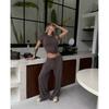 Womens Casual 2-Piece Set: Slim Fit Round Neck Short Sleeve Tee High-Waist Drawstring Wide Leg Pants