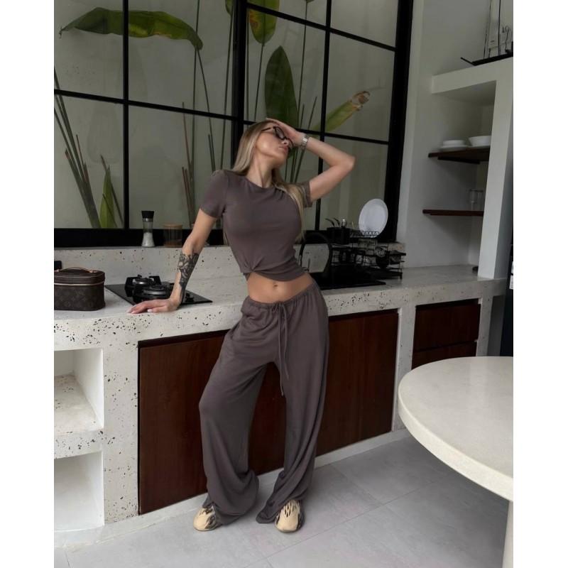 Womens Casual 2-Piece Set: Slim Fit Round Neck Short Sleeve Tee High-Waist Drawstring Wide Leg Pants