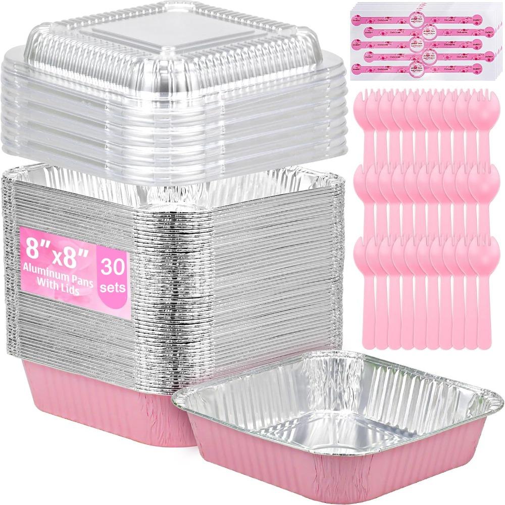 30pcs Pink Disposable Aluminum Pans with 30pcs Plastic Lids 30pcs Stickers and 30pcs Cake Spoons Square Cake Pans for Parties Baking Trays Foil Pans 30sets pink