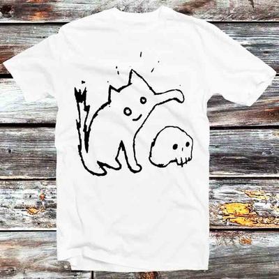 Niedliche Katze spielt Schädel Glücklich Einlinienzeichnung T-Shirt B1023