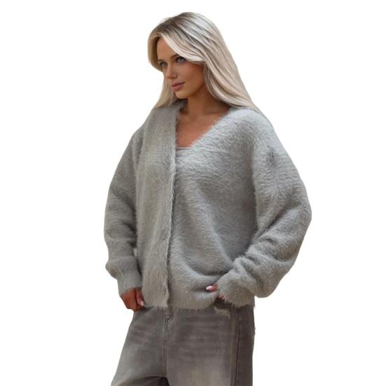 Women Sweater Coat V-Neck Long Sleeve Buttons Placket Knitting Coat Pure Color Elastic Fabric Loose Fit Casual Sweater