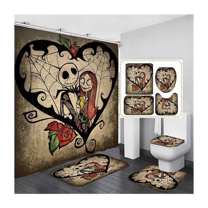 Shower Curtain 4-Piece Curtain Bathroom Non-Punching Shower Curtain Set, Halloween 3D Printed Shower Curtain