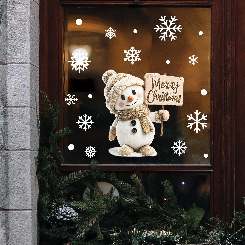 1pc Adorable Snowman with Wooden Sign & Snowflake Glass Stickers - Self-Adhesive PVC Christmas Decoration for Windows & Doors
