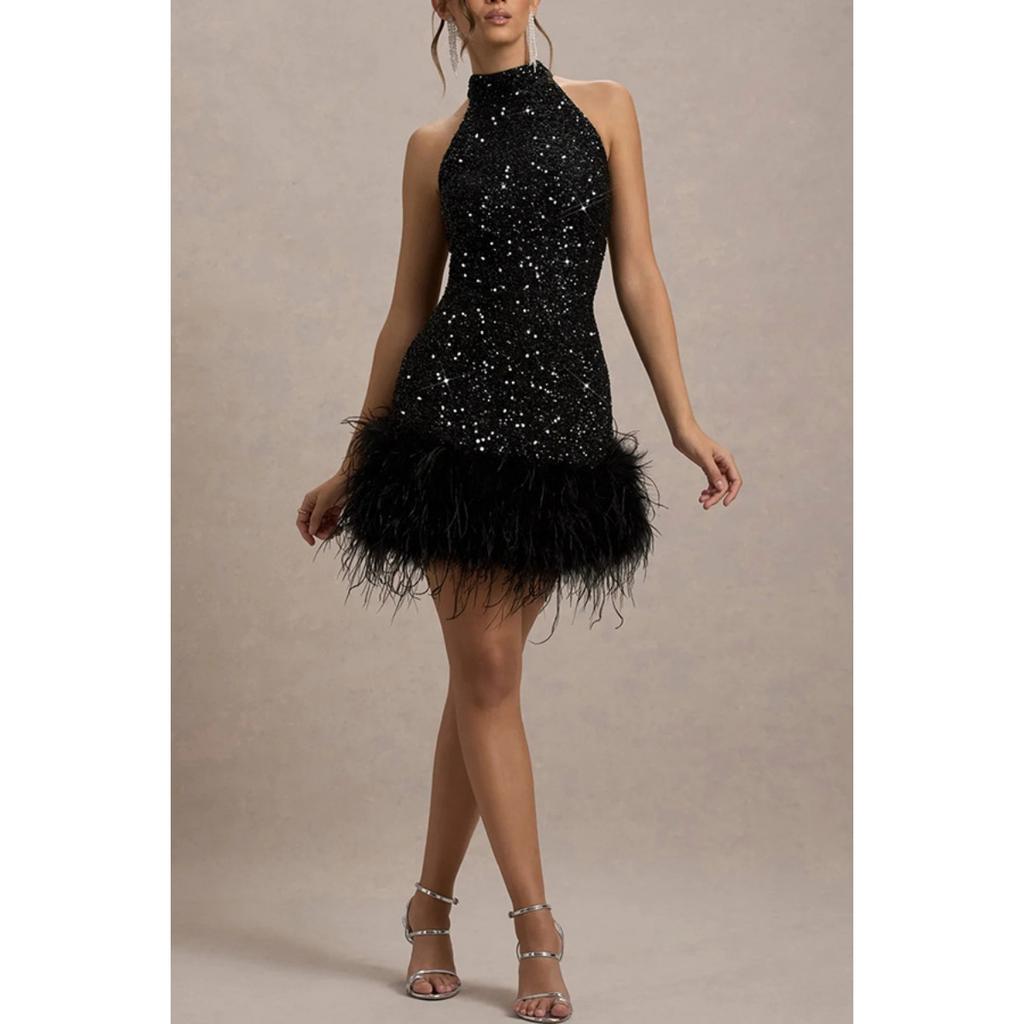 New European American Women's Sexy Sleeveless Slim Fit Shiny Sequin Plush Dress Party Gown