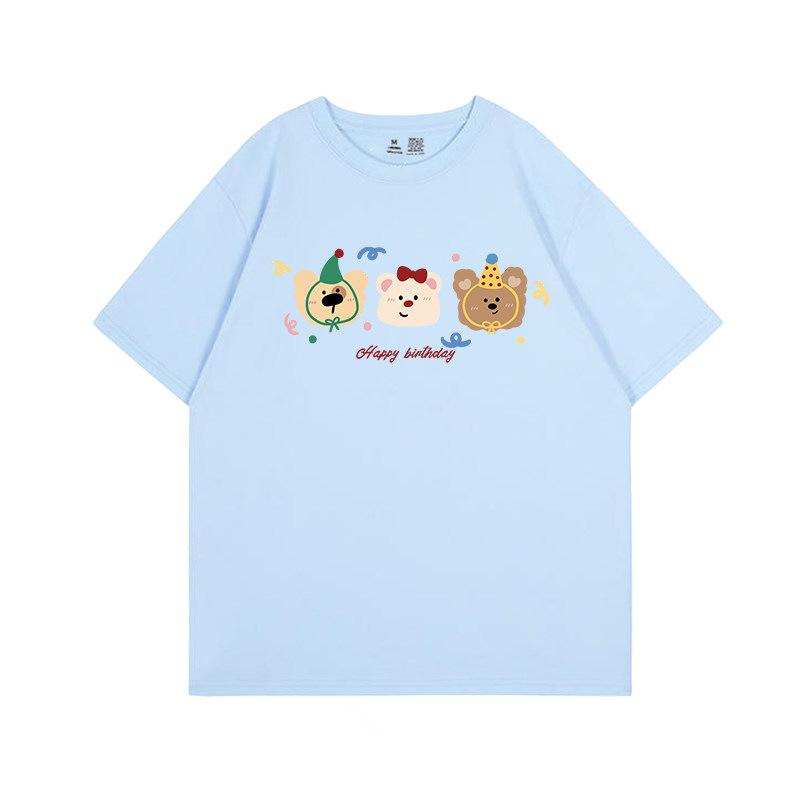 New Korean age-reducing bear print black short-sleeved t-shirt women's loose fat mm large size cotton top summer