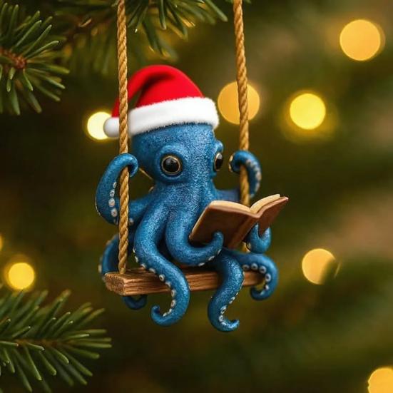 Octopus Reading Ornament Blue Octopus Reading Swing Ornament Sea Creature Christmas Tree Hanging Decor Squid Art Collection Gifts for Ocean Lovers