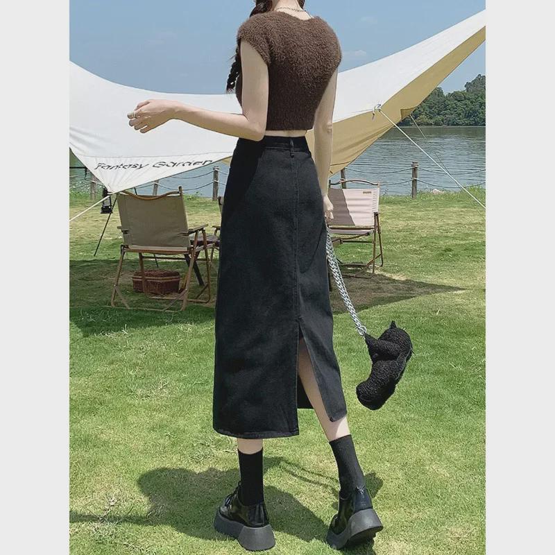 Schwarzer Denim Midi-Rock mit Schlitz und hohem Bund - 2025 A-Linien-Stil für Frühling/Herbst für Damen