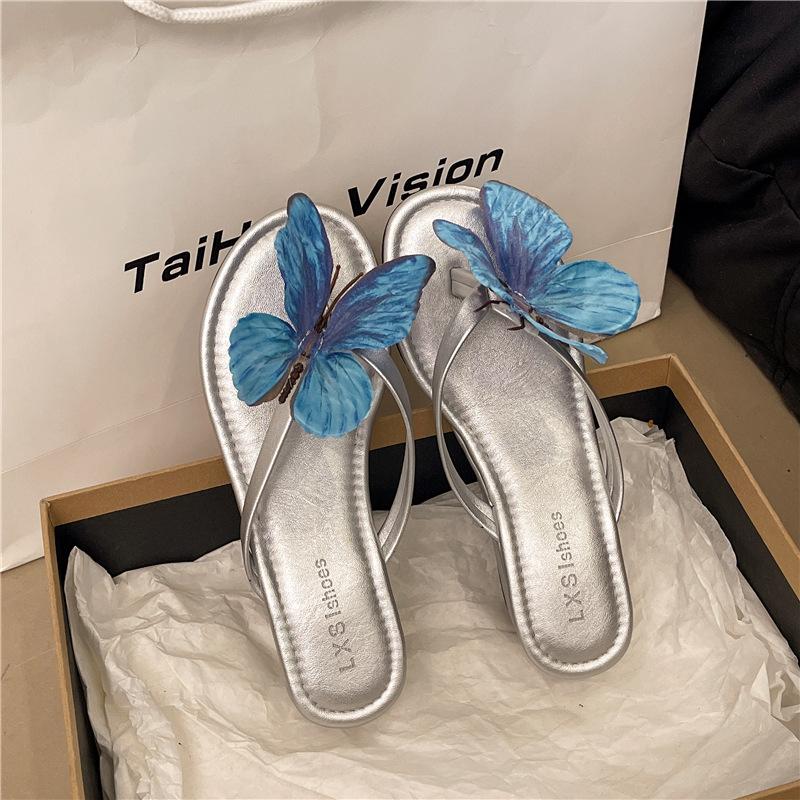 Niche design butterfly one-word slippers female summer 2025 new high-heeled slippers fairy style thick-heeled sandals