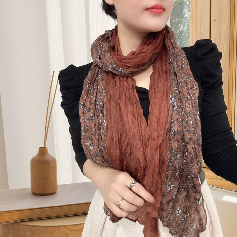 Small Floral Thin Mori Age-reducing Wrinkled Sunscreen Silk Scarf Women's Summer New Versatile Shawl Fashion Trends