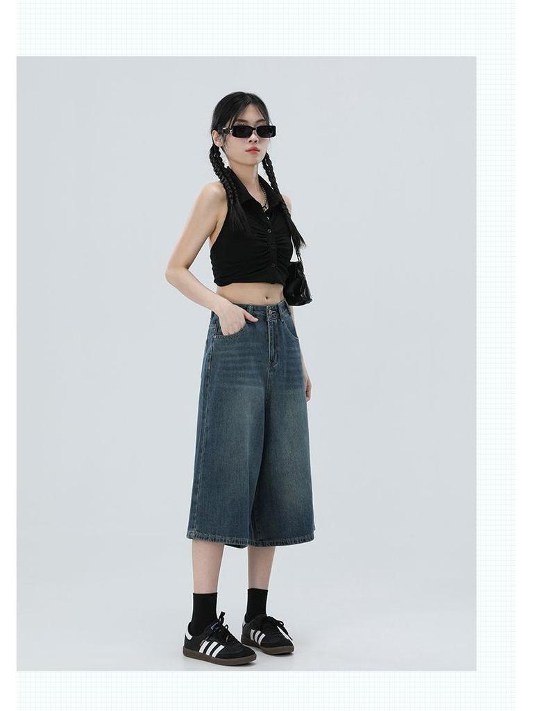 2025 Spring/Summer Women's High-Waisted Wide-Leg 7/8 Jeans - Slimming Straight-Leg, Versatile American Style