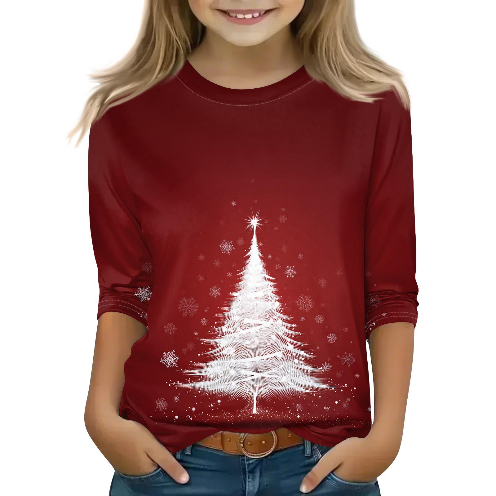 

Рождественские топы с принтом для девочек-подростков 4-11 лет, футболки с круглым вырезом и рукавами 3/4, модные топы, нарядные футболки 120