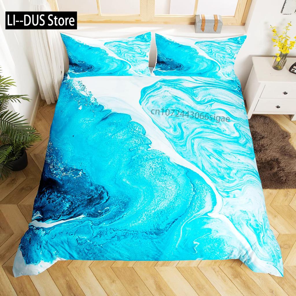 Abstract Sea Bed Set Marine Wave Duvet Cover Bedding Set Twin Comforter Cover Coastal Beach Theme Bed Cover 3pcs Orange Teal
