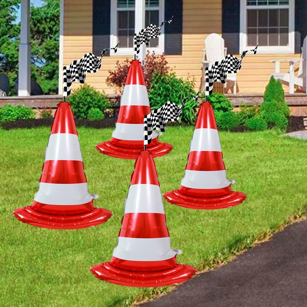 4pcs Traffic Cone Racing Aluminum Foil Balloons, Racing Theme Sports Activity Traffic Toys, Parking Lot Sign Birthday Party