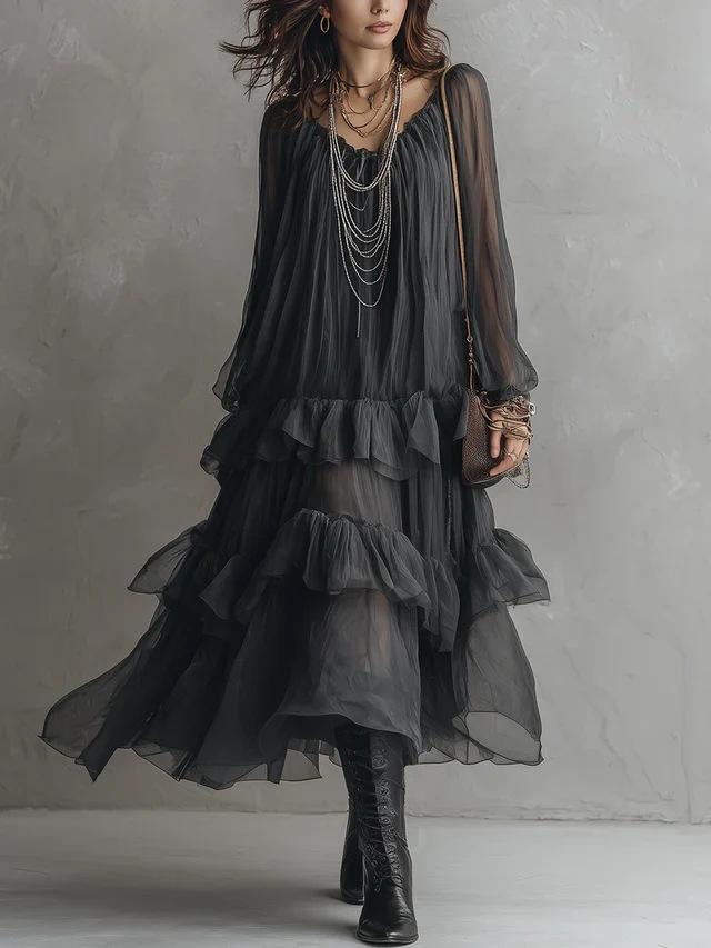 Dark wind round neck perspective chiffon