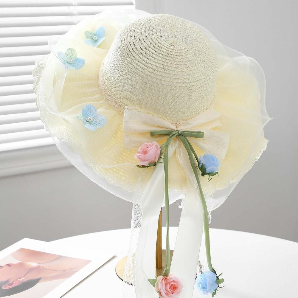 Elegant Rose Ruffle Edge Straw Hat Lace Ribbon UV Protection Woven Sun Cap Lightweight Design Breathable Mesh Beach Visor