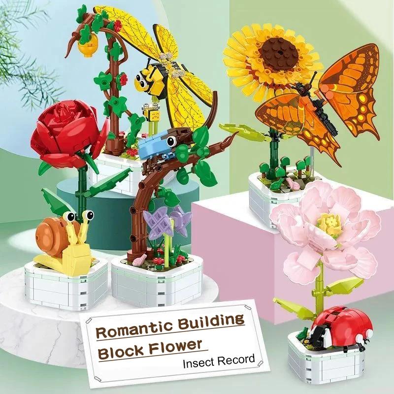 Butterfly Insect Potted Plant Bonsai Flower Block Rose Decoration DIY Mini Building Block Figure Plastic Toy Gift Kids Girls