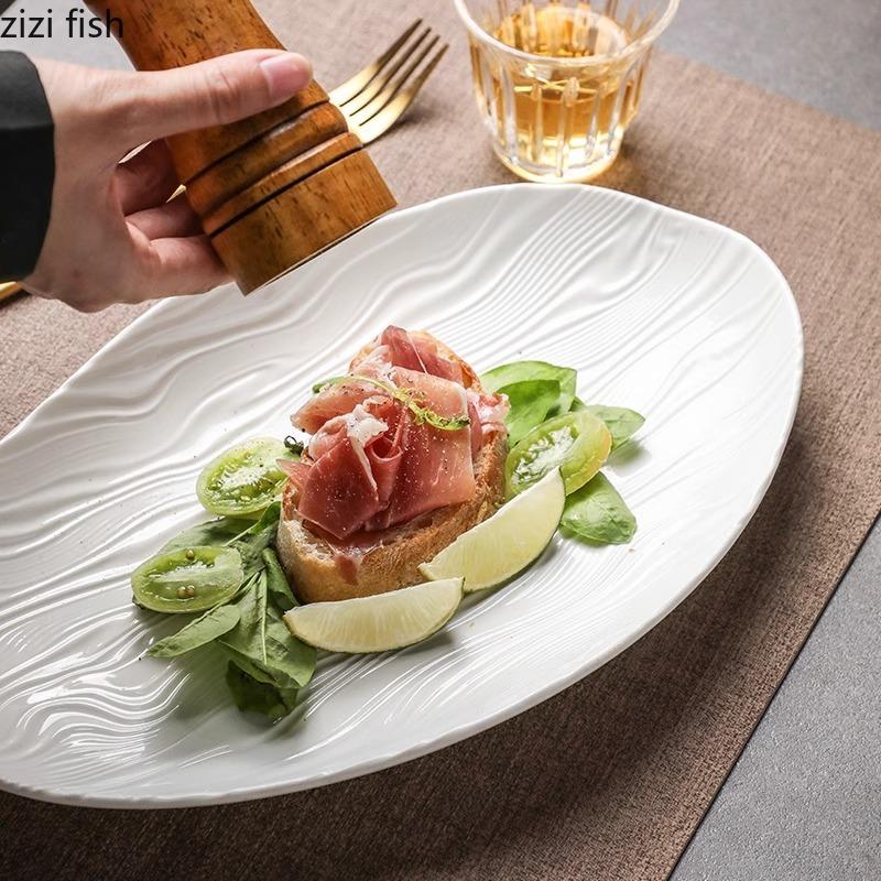 Ren Vit Vattenvåg Keramisk Fiskfat Oregelbunden Oval Tallrik Sushi Tallrik Ångade Fiskfat Hotell Kreativ Stort Porslin