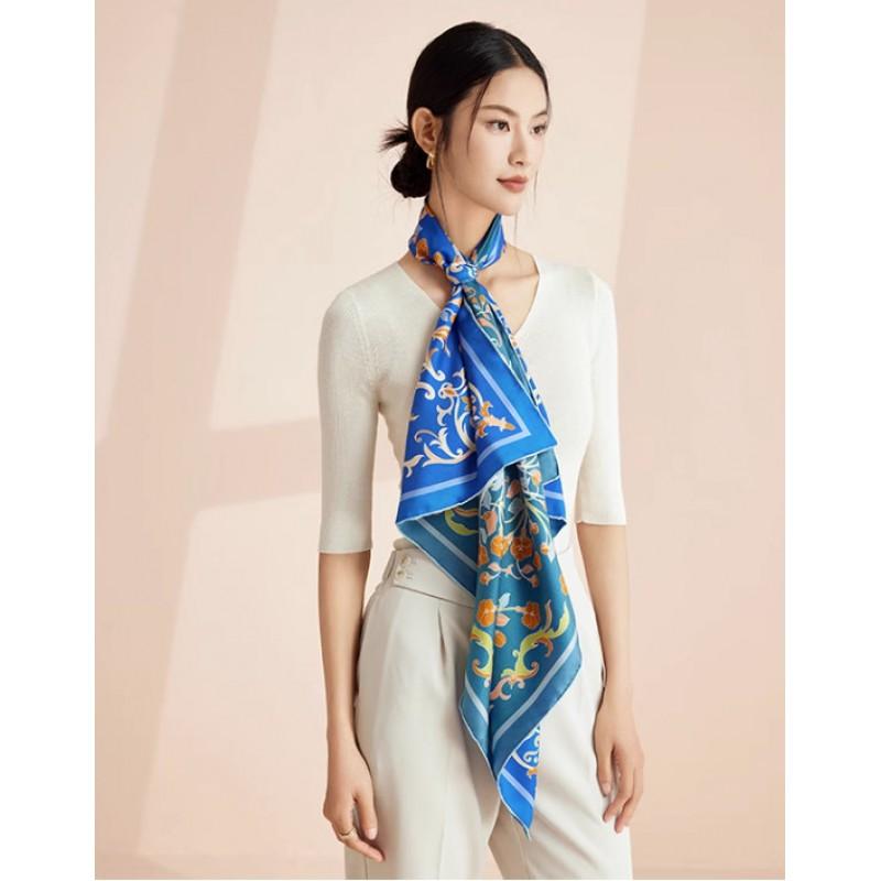 100% Mulberry Silk Square Scarf Double-sided Print Light Luxury Shawl Women Mom Fashion Accessory