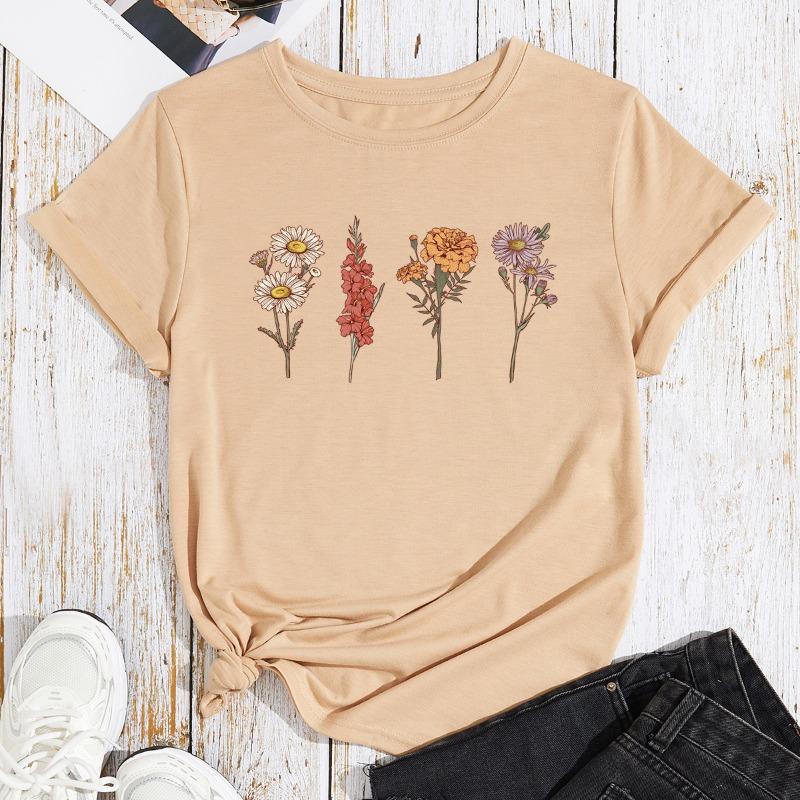 Women's Flower Plant Print Loose Imitation Cotton Large Size Round Neck Short Sleeved T-shirt for Women