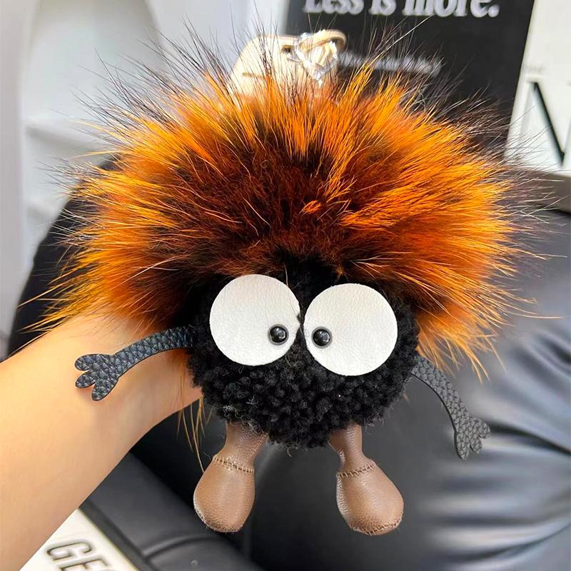 15cm Cute Cartoon Wool Small Coal Ball Car Keychain Real Raccoon Fur Pendant Elf Plush Ball Bag Pendant Hobby Collection Gift