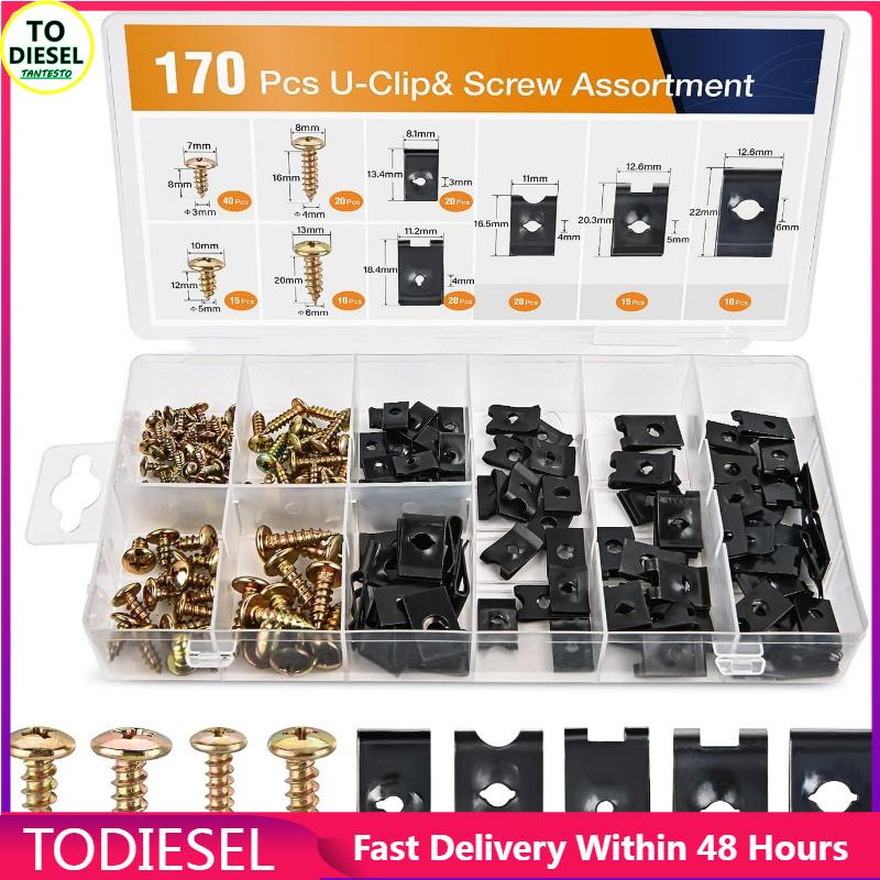 170Pcs Car U-Clip and Screw Assortment Kit 9 Different Sizes Automotive U Nut and Screw Clip Replacement Parts 1 set