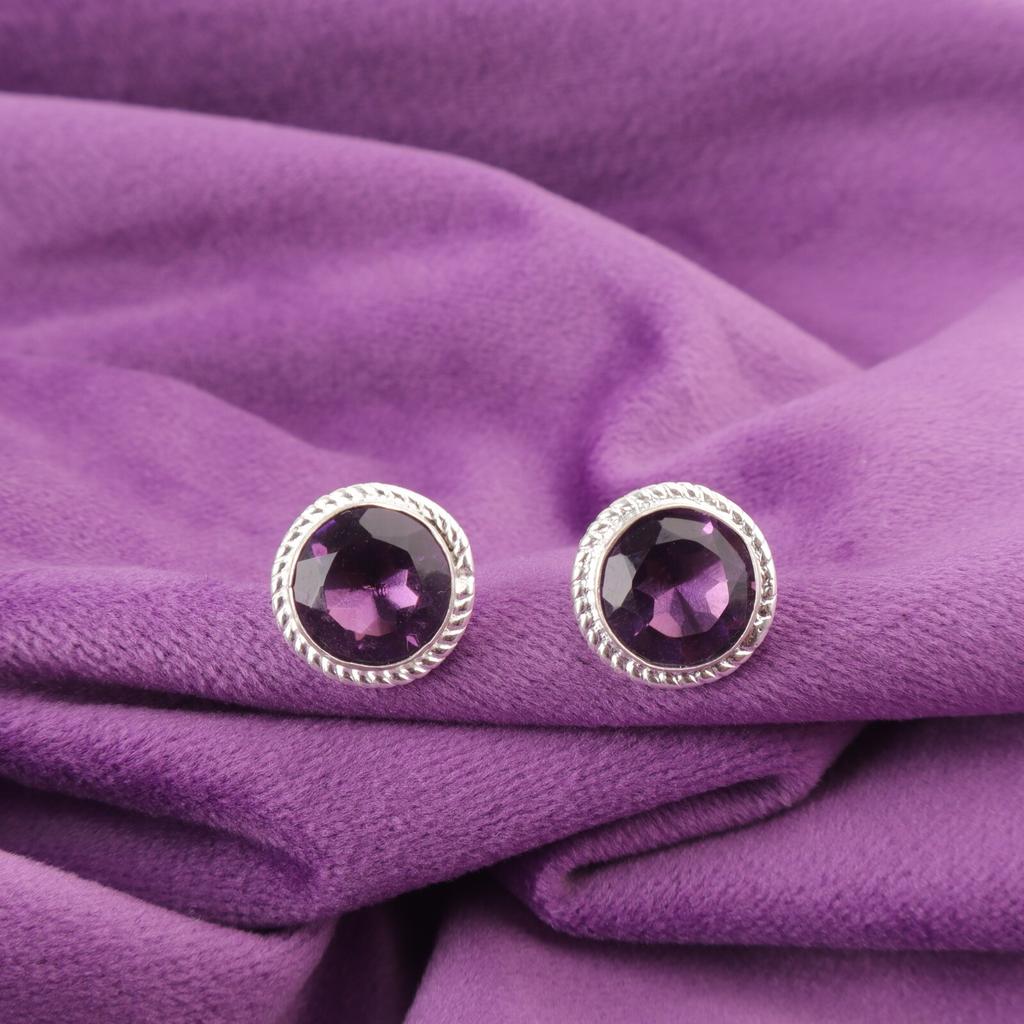 Round Amethyst Gemstone Sterling Silver Birthday Gift Engagement Stud Earrings EE-147-4