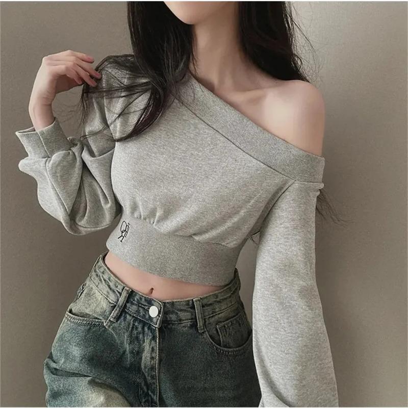 Women Irregular Skew Collar Tops Autumn Winter Long Sleeve Crop Top Sexy Off Shoulder Hoodies Fashion Short Pullover Sweatshirt